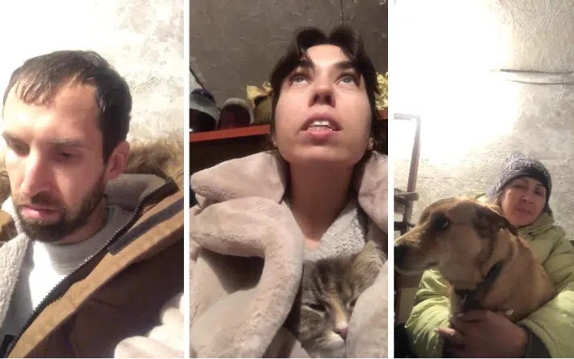 Eugen, Lisa und Eugens Mutter Olga zu Beginn der Invasion: Im Keller ihres Landhauses suchen sie gemeinsam mit den Haustieren Schutz vor den Raketenangriffen – die einzigen Bilder aus dieser Zei
