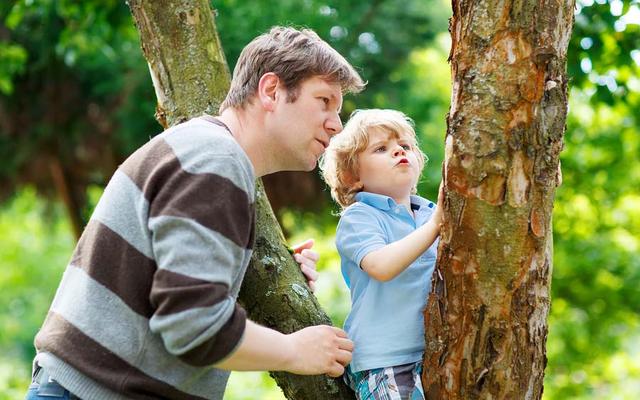 Vater ermuntert Sohn, auf Baum zu klettern