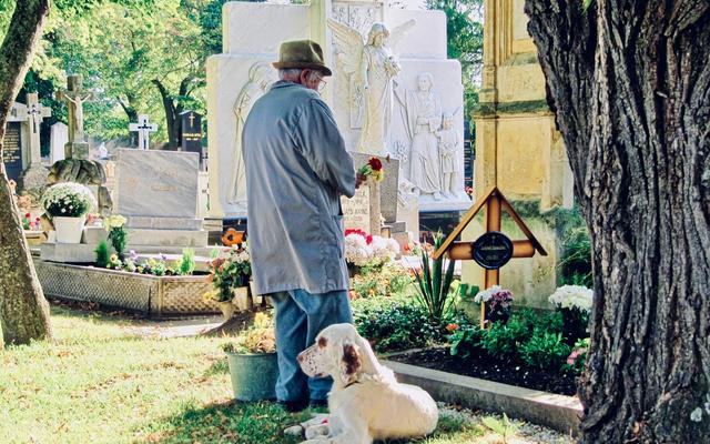 Ein alter Mann auf einem Friedhof