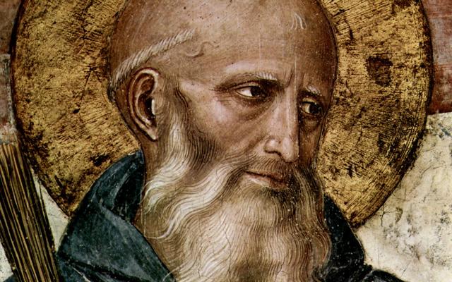 Benedikt von Nursia, gemalt von Fra Angelico als Teil seiner Kreuzigungsdarstellung im Fresko des Konvents von San Marco