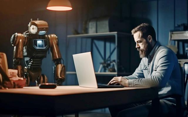 Ein Mann am Laptop und ein Roboter nebendran