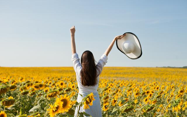 Glückliche Frau in einem Sonnenblumenfeld